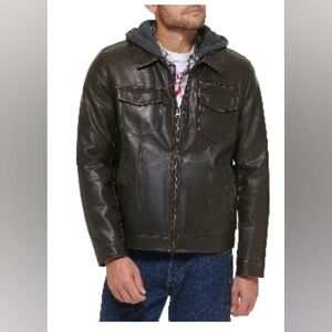 Men's Levis Faux Leather hooded trucker jacket, large, Dark brown